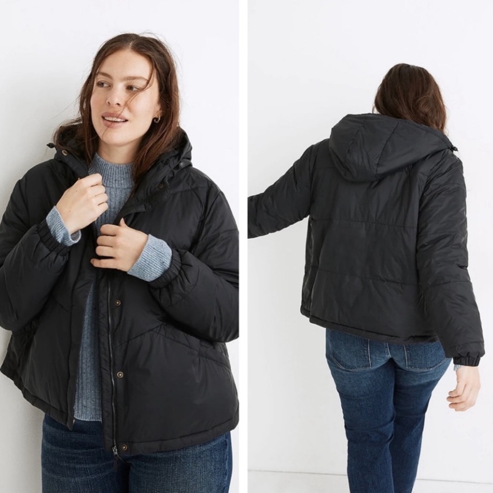 madewell - chevron packable puffer jacket full-zip snap button hood primaloft